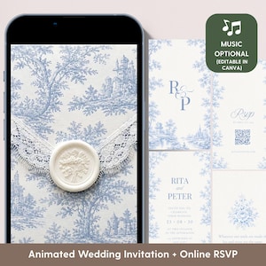 Può includere: Un set di inviti di nozze animati e RSVP online con un motivo toile de jouy blu e bianco. Il design include un sigillo di ceralacca bianco su pizzo bianco, testo con i nomi Rita e Peter, un codice QR e un badge verde MUSIC OPTIONAL.