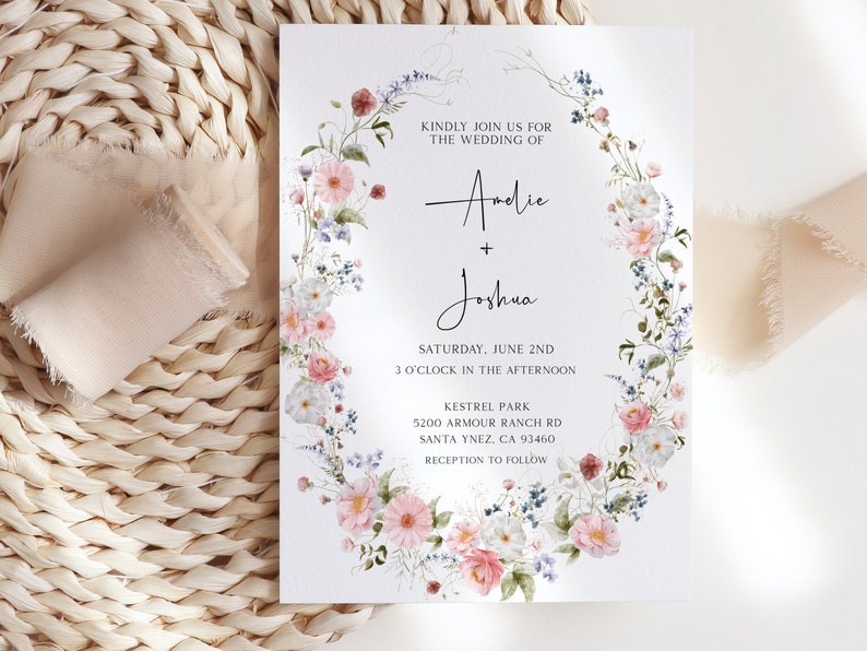 Elegant Wildflowers Wedding Invitation, Modern Chic Floral Invitation Template, Printable Boho Wildflower Invite, Instant Download BL31 image 4