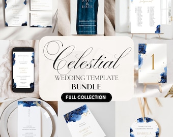 Celestial Wedding Bundle Template, Moon And Stars Wedding Invitation, Starry Night Sky Sign, Constellations Wedding Menu, Collection BL45