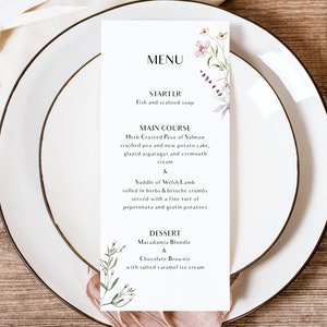 Wildflower wedding menu template, Modern Menu Template, Elegant Floral Simple Wedding Dinner Menu Card, Instant download, Templett #BL12-03