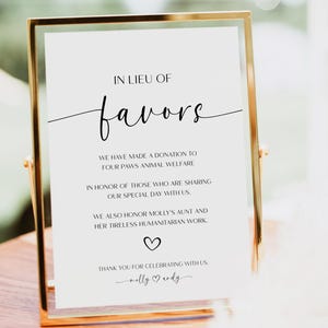 Plantilla de letrero "En lugar de favores", letrero de favores, ideas para señalización de bodas, letrero de donación para bodas, descarga editable, BL60
