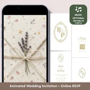 May include: An animated wedding invitation and online RSVP set featuring a digital envelope with a lavender sprig and twine tie. The design includes gold ornate frames, the initials R and P, and text details for Rita and Peter's wedding.