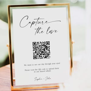 Cartello fotografico minimale "Cattura l'amore" con codice QR, condivisione foto ospiti, biglietto stampabile "Condividi l'amore", biglietti modificabili, 5x7, 8x10