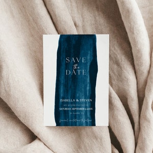 Modèle d'invitation à réserver une date pour mariage céleste, réservez notre date bleue modifiable pour mariage minimaliste BL45