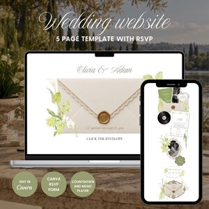 May include: A 5-page wedding website template displayed on a laptop and smartphone screen. The design features an envelope with a heart wax seal, floral accents, and text including Olivia & Adam, A special message for you, and CLICK THE ENVELOPE.