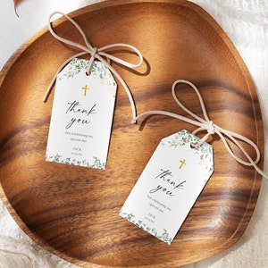 Baptism Favor Tag Template, Eucalyptus Religious Favor Tag, Printable Modern Baptism Tag, Greenery Christening Thank You Editable BL41