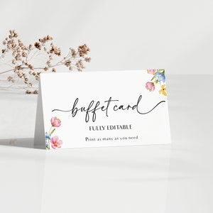 Plantilla de tarjeta de comida Baby in Bloom, etiqueta de comida de flores silvestres, tarjetas de tienda floral, etiquetas de comida de baby shower, etiqueta de despedida de soltera BL44