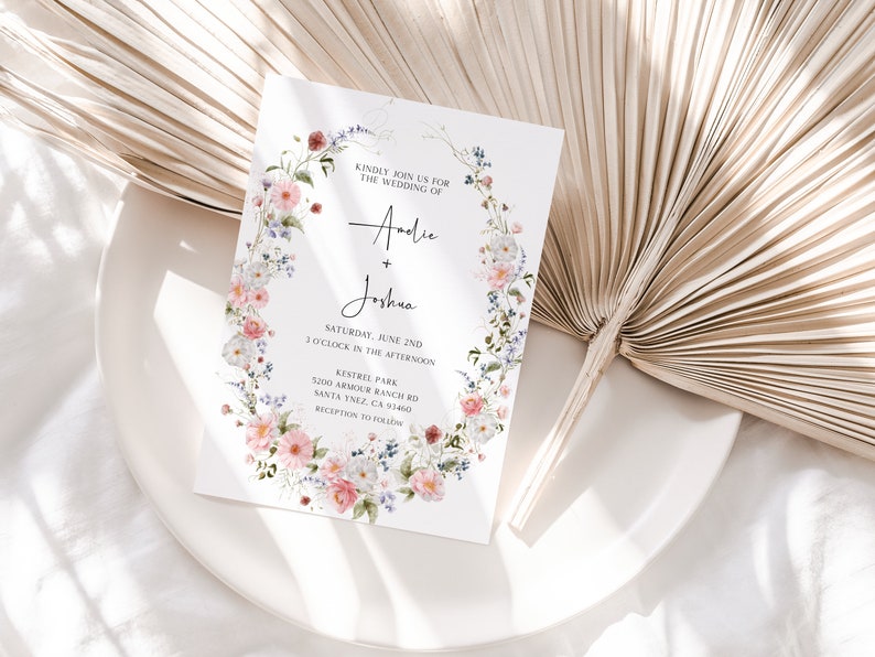 Elegant Wildflowers Wedding Invitation, Modern Chic Floral Invitation Template, Printable Boho Wildflower Invite, Instant Download BL31 image 3