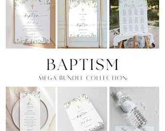 Eucalyptus Baptism Invitation Bundle, Editable Greenery Christening Invitation Bundle, Baptism Decor, Simple Baptism, First Communion BL41