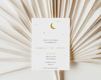 Plantilla de invitación de boda celestial, invitación de boda estrella, invitación de boda de luna y estrellas, plantilla editable con Templett BL45