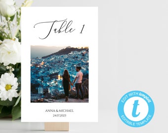 Wedding Table Numbers with Photos Template, Editable Photo Table Numbers, Wedding Table Numbers