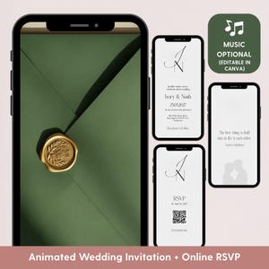 May include: Animated wedding invitation design on a smartphone, with a gold wax seal on a green envelope. Other screens show invitation details, RSVP information, and a quote. The design includes the text "Ivory & Noah" and "RSVP".
