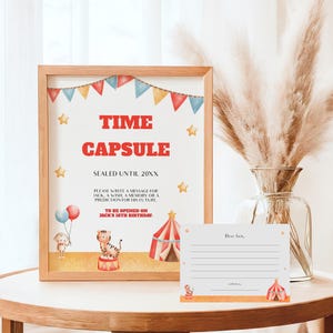 Circustijdcapsule, wensen verjaardagsfeestje, carnavalsverjaardag, sjabloon gastenboek, afdrukbare tijdcapsule en kaart, BL3