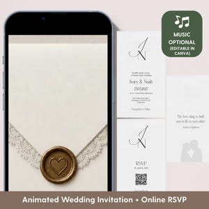 Könnte beinhalten: Eine animierte Hochzeitseinladung und Online-RSVP-Vorlage auf einem Smartphone-Bildschirm. Das Design zeigt einen weißen Umschlag mit Spitzenbesatz und einem goldenen Herz-Wachssiegel. Der Text enthält Ivory & Noah, 25.05.2027 und einen QR-Code.