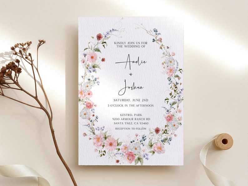 Elegant Wildflowers Wedding Invitation, Modern Chic Floral Invitation Template, Printable Boho Wildflower Invite, Instant Download BL31 image 2