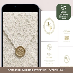 Op de afbeelding: Een geanimeerde trouwuitnodiging en online RSVP-sjabloon weergegeven op een smartphonescherm. Het ontwerp bevat een crèmekleurige kanten envelop met een gouden waszegel met drie rozen, naast digitale kaarten met gouden tekst en sierlijke kaders.