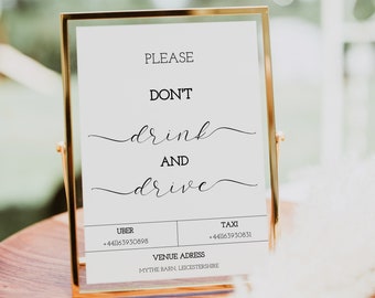 Don't Drink and Drive Sign, Wedding Sign, Drink and Drive Wedding Printable Sign, Instant Download, Editable with Templett