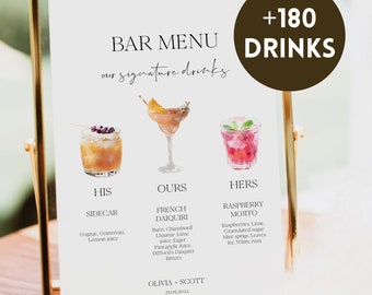 Bar Sign, Signature Drink Sign For Wedding, His And Hers Drinks Sign, Minimalist Signature Cocktail Sign Template, 180+ drinks #BL6
