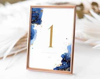 Celestial Wedding Table Numbers Template, Moon and Stars Table Sign Card, Blue And Gold Reception Table Decor, BL45