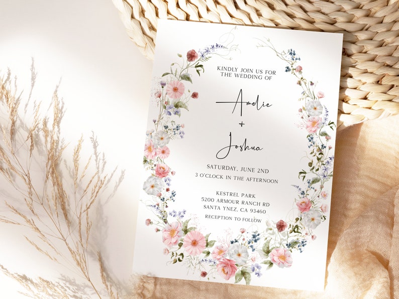 Elegant Wildflowers Wedding Invitation, Modern Chic Floral Invitation Template, Printable Boho Wildflower Invite, Instant Download BL31 image 1