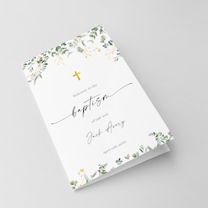 Könnte beinhalten: Weiße Karte mit grünem und goldenem floralem Rand. Der Text lautet "Willkommen zur Taufe unseres Sohnes Jack Avery 10. April 20XX".