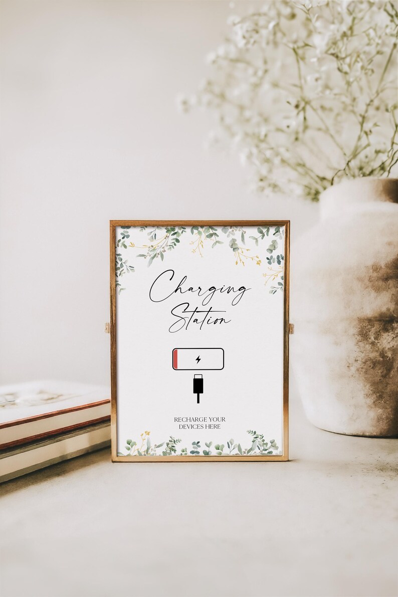 Greenery Charging Station Sign, Charging Bar Sign Template, Party ...