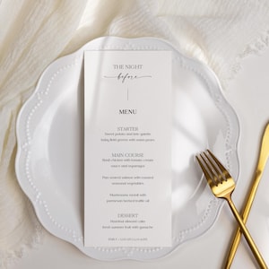 Plantilla de menú para la cena de ensayo, menú de la noche anterior, menú de comida minimalista editable, descarga instantánea, 4x9, 5x7, BL49