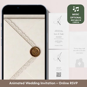 Può includere: Uno smartphone mostra un invito di nozze animato con una busta color crema, bordo in pizzo e un sigillo di ceralacca dorato a forma di cuore. Accanto, cartoline d'invito digitali con i nomi Ivory & Noah, una data e un codice QR per l'RSVP.
