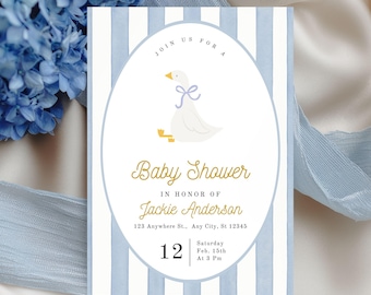 Plantilla de invitación para baby shower de Silly Goose, invitación para baby shower de Blue Goose, descarga digital para baby shower de Goose, BL68