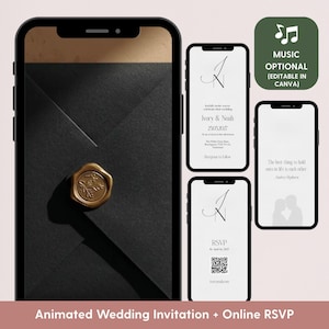 Op de afbeelding: Een geanimeerde trouwuitnodiging op smartphones. Het ontwerp toont een zwarte envelop met een gouden zegel, en andere schermen met huwelijksdetails en RSVP-informatie. Tekst bevat "Ivory & Noah" en "RSVP".