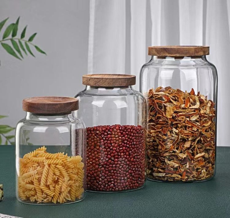Large Round Glass Jar With Acacia Wood Lid Pantry Jar Etsy UK