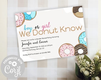 Donut Gender Reveal Invite / Boy or Girl Reveal We Donut Know / Donut Baby Shower Invitation Template