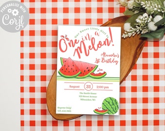 Invitación de cumpleaños con tema de sandía / One In A Melon / Plantilla de invitación imprimible / Descarga INSTANTÁNEA