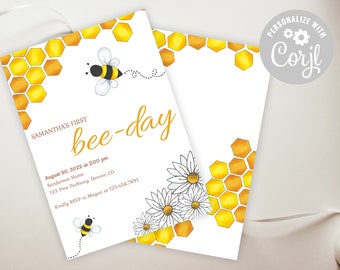 Invitación de cumpleaños con tema de abeja / fiesta del día de la abeja / plantilla de invitación de cumpleaños de abeja / descarga instantánea