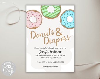 Donut Baby Shower Invite / Donut Theme Baby Sprinkle Invite / Pañales y Donuts Diaper Party / Plantilla de invitación