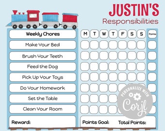 Plantilla de tabla de tareas infantiles imprimible / Tabla de responsabilidades para niños / Tema del tren para niños / Descarga INSTANTÁNEA