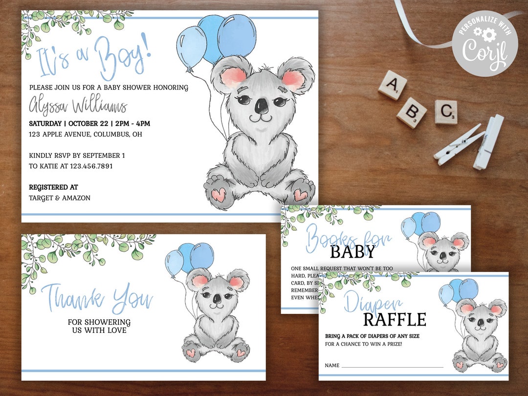 Koala Baby Shower | Printable Editable Invitation Template | Koala Baby ...