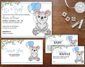 Könnte beinhalten: Eine Babyparty-Einladung mit einem Koala, der blaue Ballons hält. Die Einladung lautet "Es ist ein Junge!" und enthält den Namen Alyssa Williams, das Datum und die Uhrzeit der Party sowie die Adresse. Die Einladung enthält auch eine Dankeskarte mit einem Koala, der blaue Ballons hält, und dem Text "Vielen Dank, dass Sie uns mit Liebe überschüttet haben".