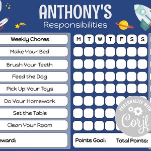 May include: A blue and white printable chore chart with a space theme. The chart includes a list of weekly chores, a calendar grid for tracking daily tasks, and a points system. The chart is personalized with the name "ANTHONY'S" at the top.