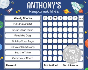 Plantilla de tabla de tareas infantiles imprimible / Tabla de responsabilidades para niños / Tema de espacio para niños / Descarga INSTANTÁNEA