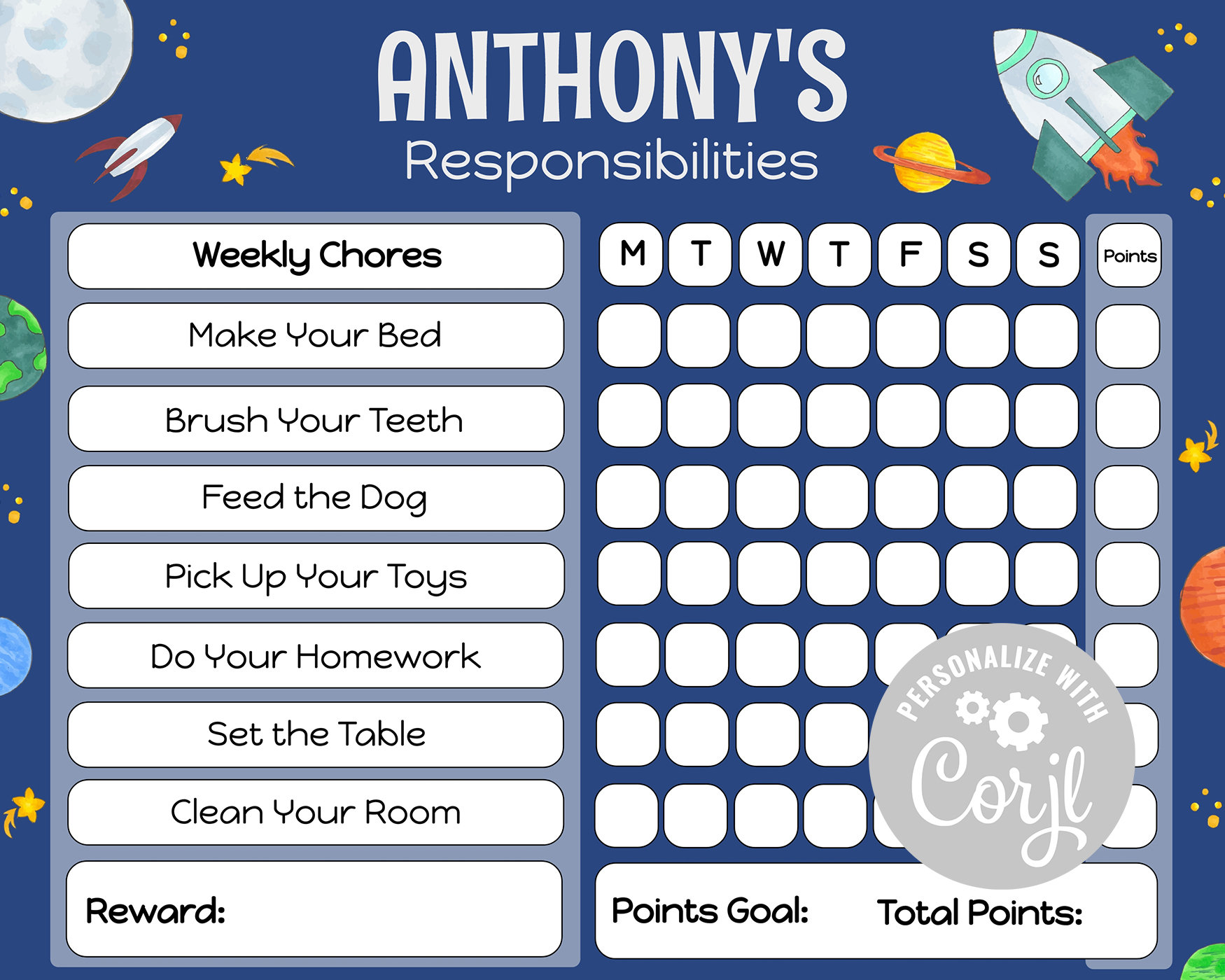 Printable Kid's Chore Chart Template | Kid Responsibilities Chart | Kid ...