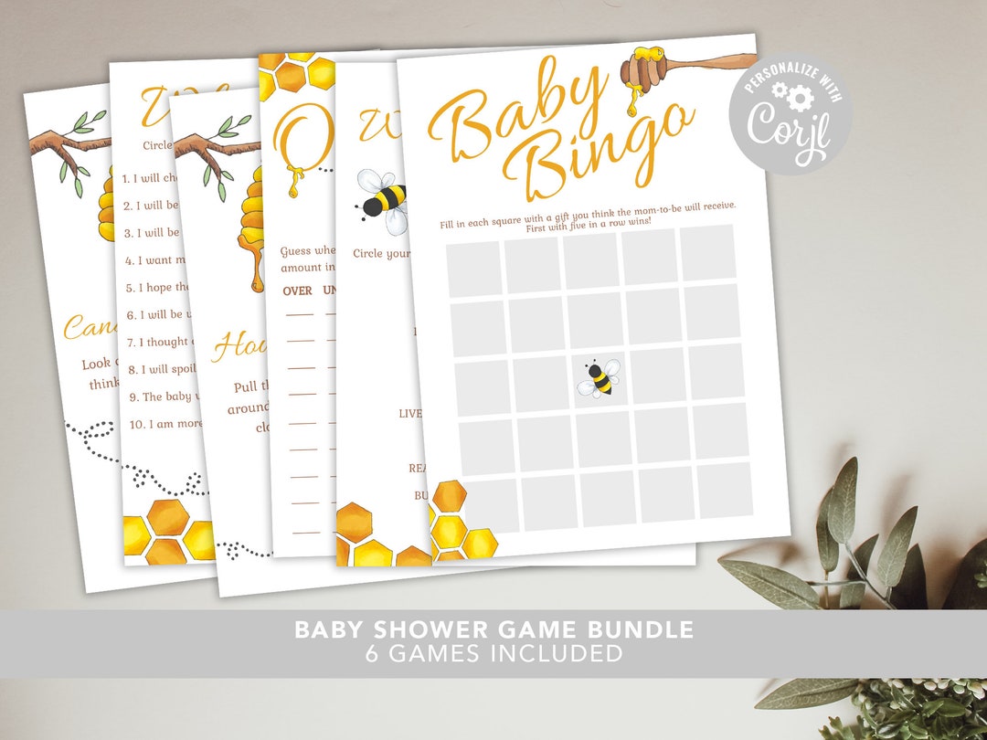 Bee Theme Baby Shower Games Bundle | Printable Editable Template ...