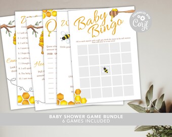 Paquete de juegos de baby shower tema de abejas / Plantilla editable imprimible / Descarga INSTANTÁNEA