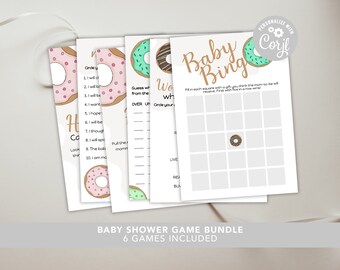 Donut Baby Shower / Plantilla editable imprimible / Juegos de baby shower / Baby Shower neutro / Descarga instantánea / Donut / Juegos / Bundle