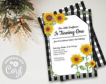 Invitación de cumpleaños con tema de girasol / Nuestro pequeño girasol / Invitación de cumpleaños para niños / Plantilla de invitación / Descarga INSTANTÁNEA