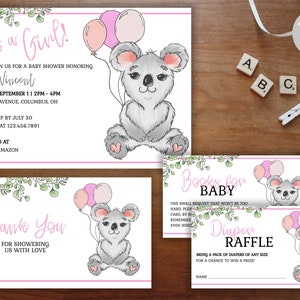 Koala Baby Shower | Printable Editable Invitation Template | Koala Baby Shower Invite | Girl Baby Shower | INSTANT Download | Pink | Bundle