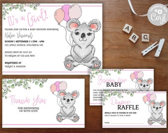 May include: A pink and white baby shower invitation with a koala holding balloons. The invitation says "It's a Girl!" and includes the name "Katie Vincent".