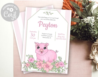 Invitación de cumpleaños con tema de cerdo / This Little Piggy / Fiesta de cumpleaños para niños / Plantilla editable imprimible / Descarga INSTANTÁNEA