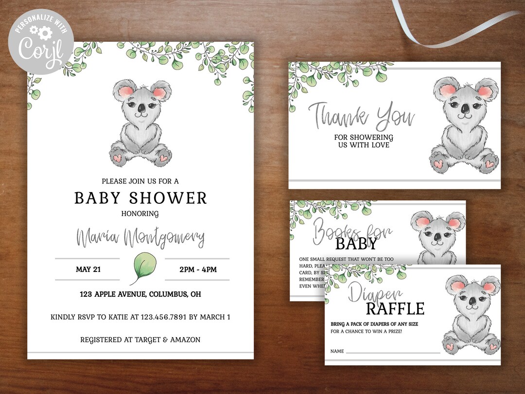Koala Baby Shower | Printable Editable Invitation Template | Koala Baby ...