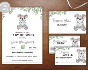 Könnte beinhalten: Eine Babyparty-Einladung mit einer Koala-Illustration und grünen Blättern. Die Einladung lautet "Bitte feiern Sie mit uns eine Babyparty zu Ehren von Maria Montgomery" und enthält Details zur Veranstaltung, einschließlich Datum, Uhrzeit, Ort und RSVP-Informationen. Die Einladung enthält auch den Text "Registriert bei Target & Amazon".